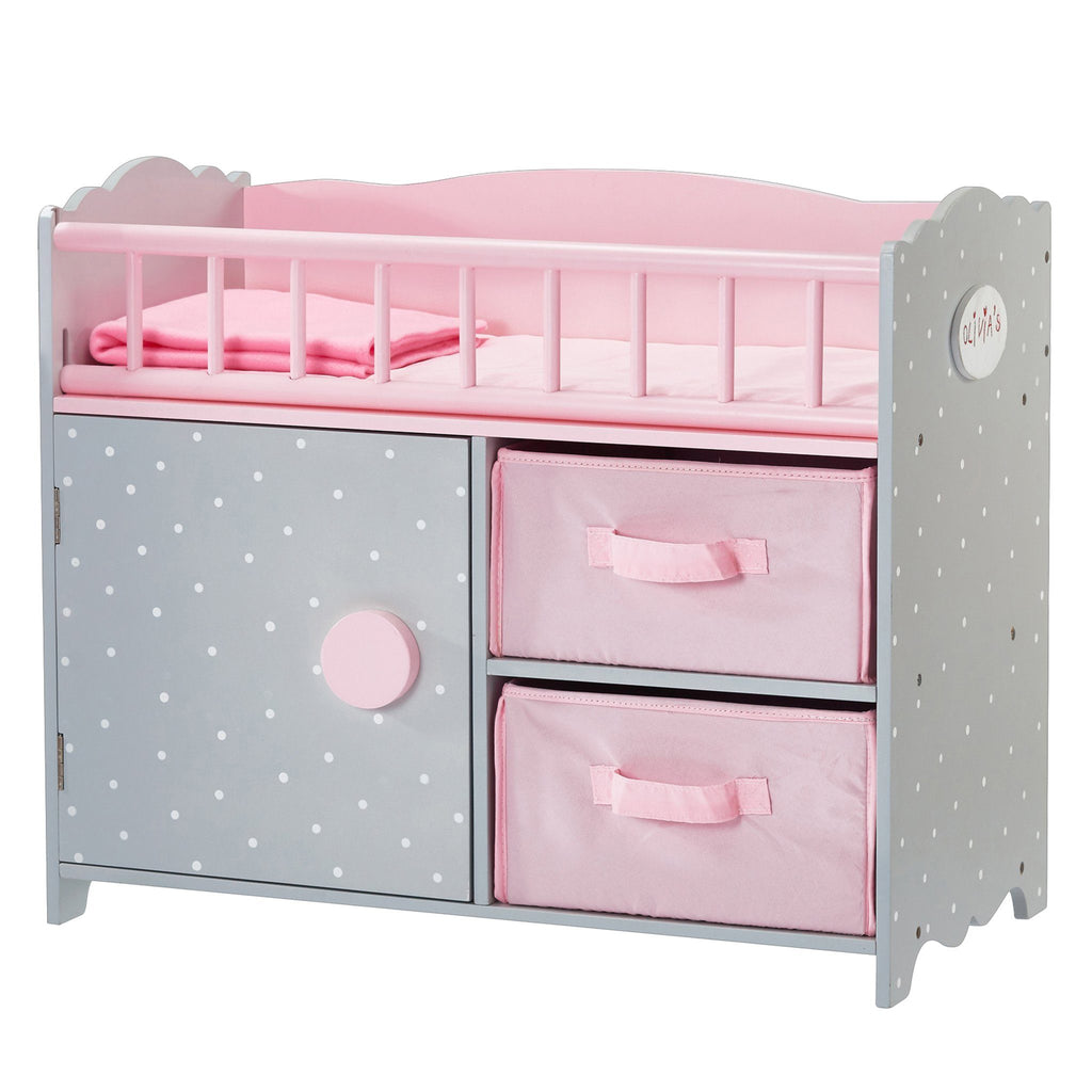 Olivia's Little World - Polka Dots Princess Baby Doll Crib with Cabinet and Cubby Gray & Pink | Teamson Kids - Dollhouse Furniture