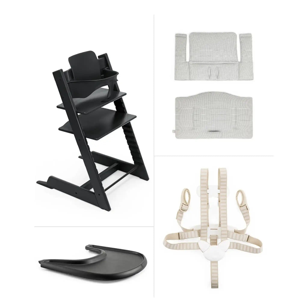 Tripp Trapp® High Chair and Cushion with Stokke® Tray | Black + Nordic Grey